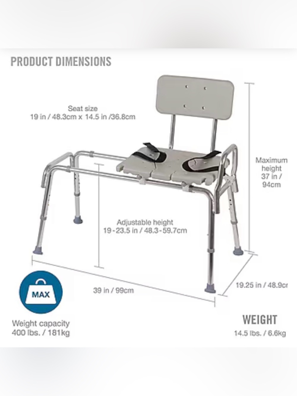 DMI Heavy Duty Sliding Transfer Bench with Cut-Out Seat 522-1734-1900 - Picture 4 of 5